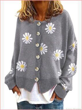 Daisy Floral Ribbed Knit Cardigan Button Down Loose Crop Jacquard Sweater